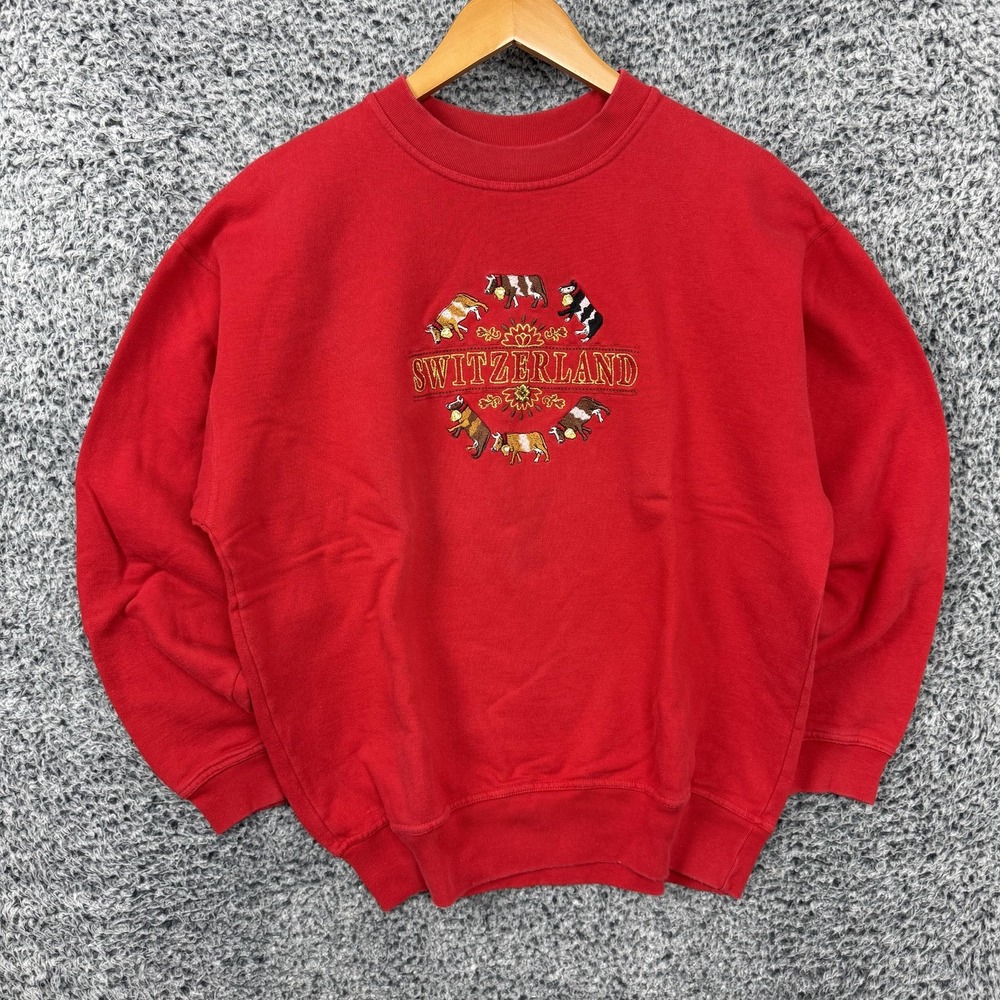 Vintage Switzerland Sweatshirt Adult Large Red Cows Embroidered Whales Basics L